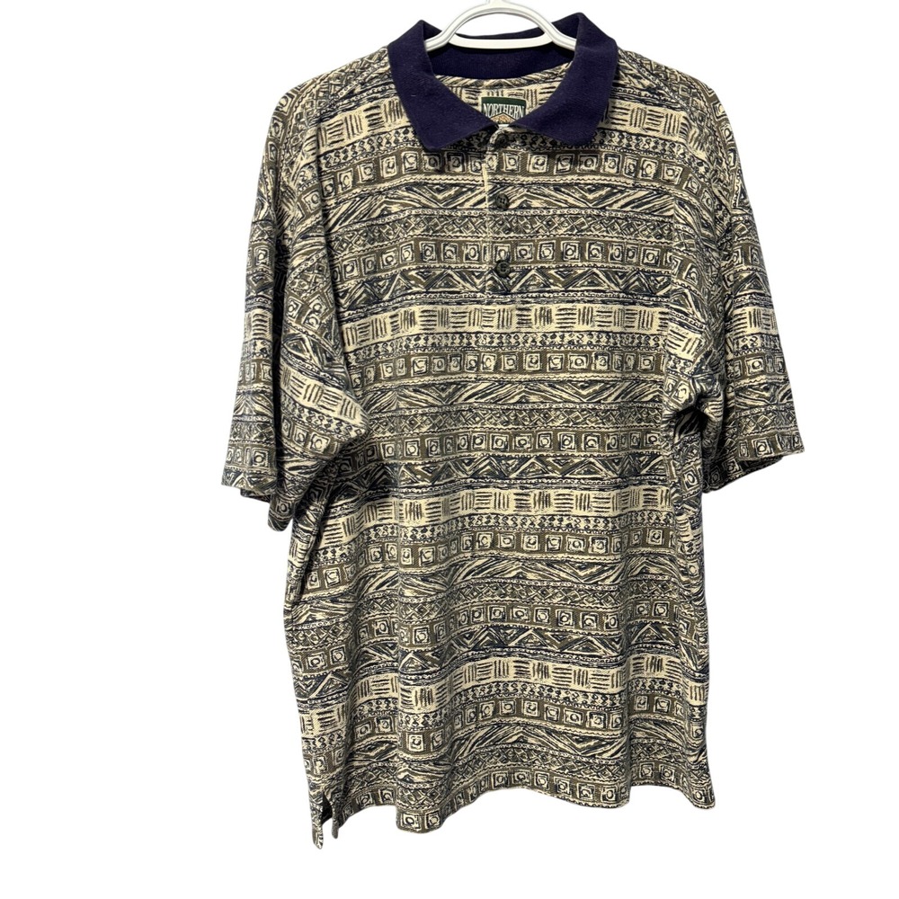 Northern Elements Vintage 90s Tribal Geometric Polo Shirt Mens Large Grey‎ Blue
